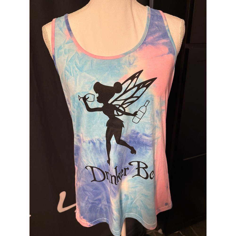 Drinker Bell Tie Dye Racerback Tank Top Pink Blue Fairy Wine Graphic Medium